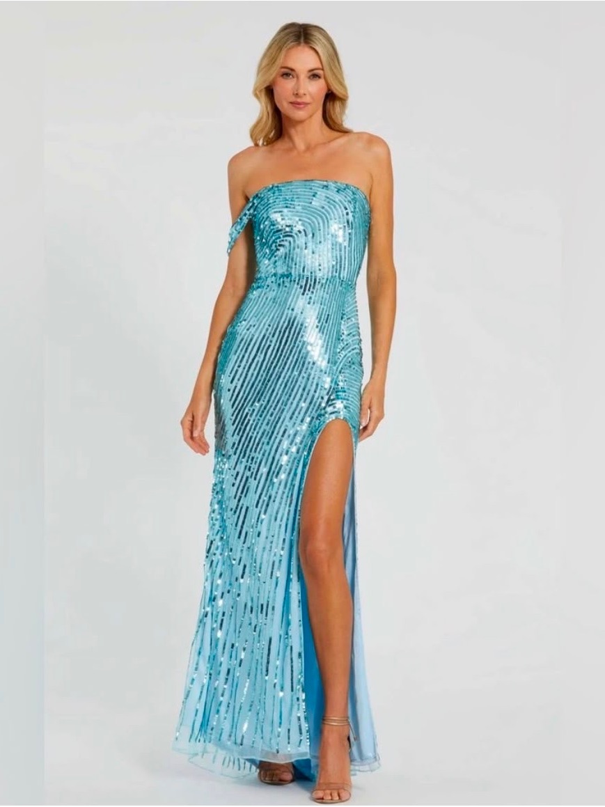 Strapless Sequin Evening Gown In Aqua Blue
